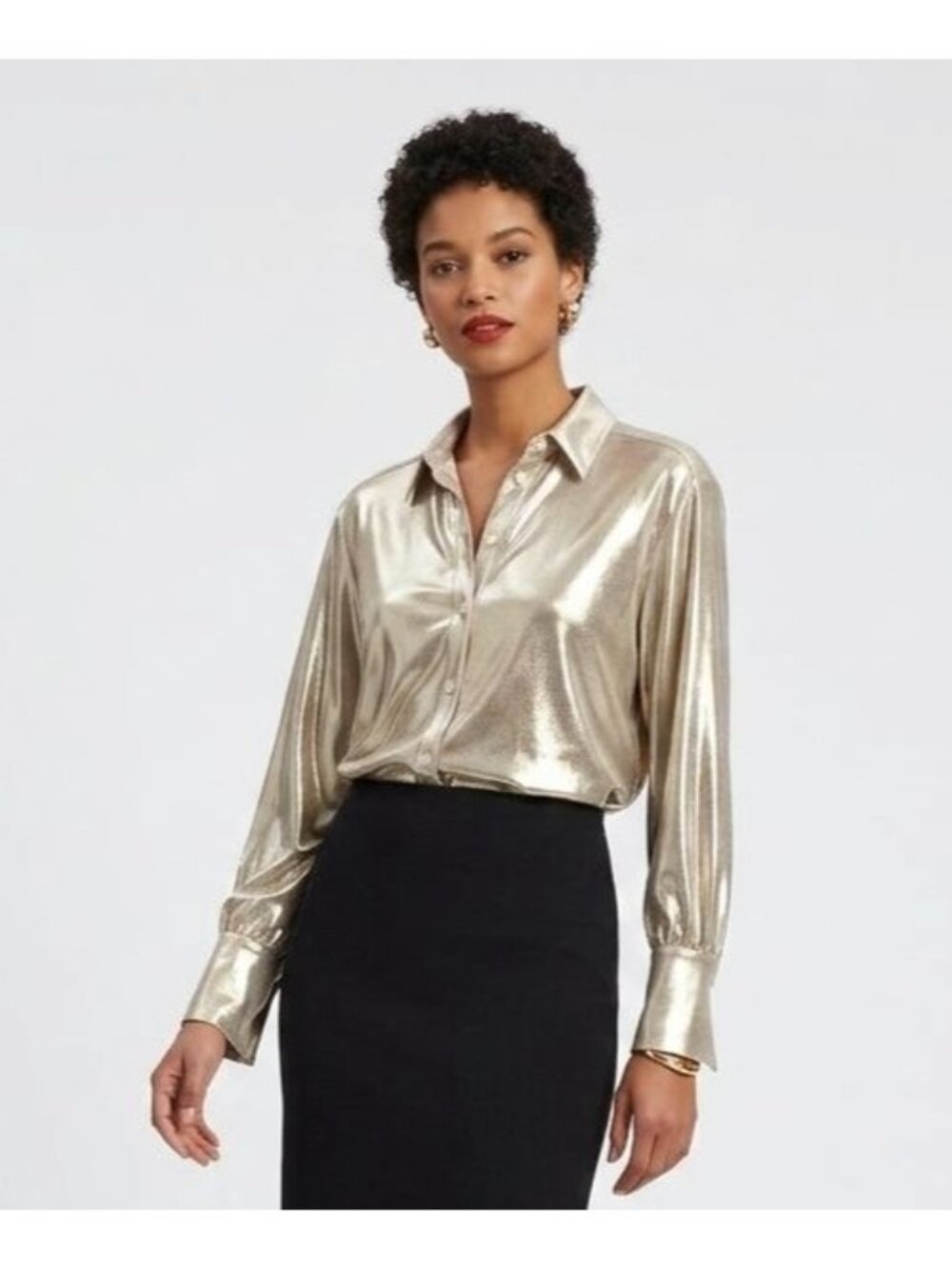 Women's - Anthropologie Gold Metallic Long Sleeve Button Down Shirt, Size XS